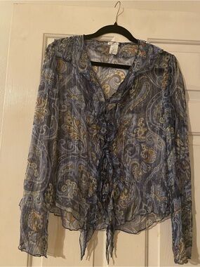 Vintage PAGE 95% Silk Metallic Paisley Blouse Small Made in USA Ruffle